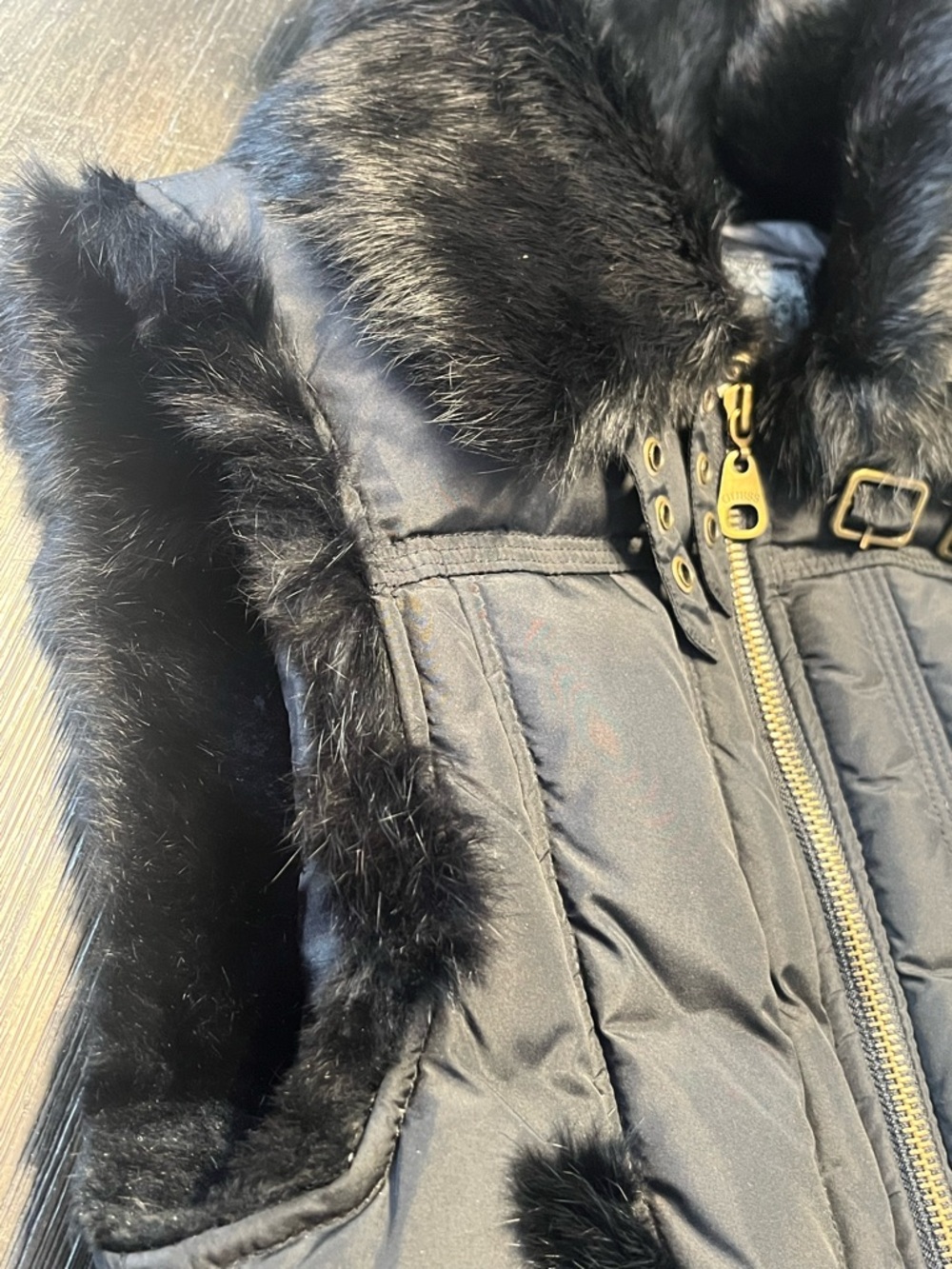 ‼️SALE‼️ GUESS Y2K Black Down Puffer Vest Rabbit Fur Trim Hooded size: xs - Picture 4 of 12